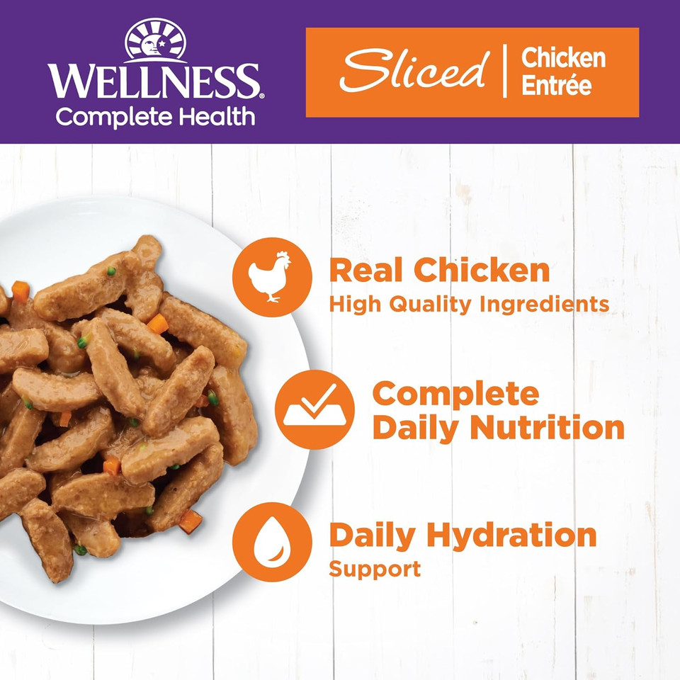 Wellness Complete Health Natural Grain Free Wet Canned Cat Food, Sliced Chicken Entree, 3 Ounce Can (Pack Of 24)