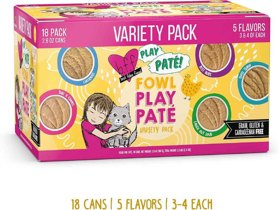 Weruva B.F.F. Play - Best Feline Friend Patã£Â© Lovers, Aw Yeah!, Fowl Play Yellow Patã£Â©S Variety Pack, 2.8Oz Can (Pack Of 18)