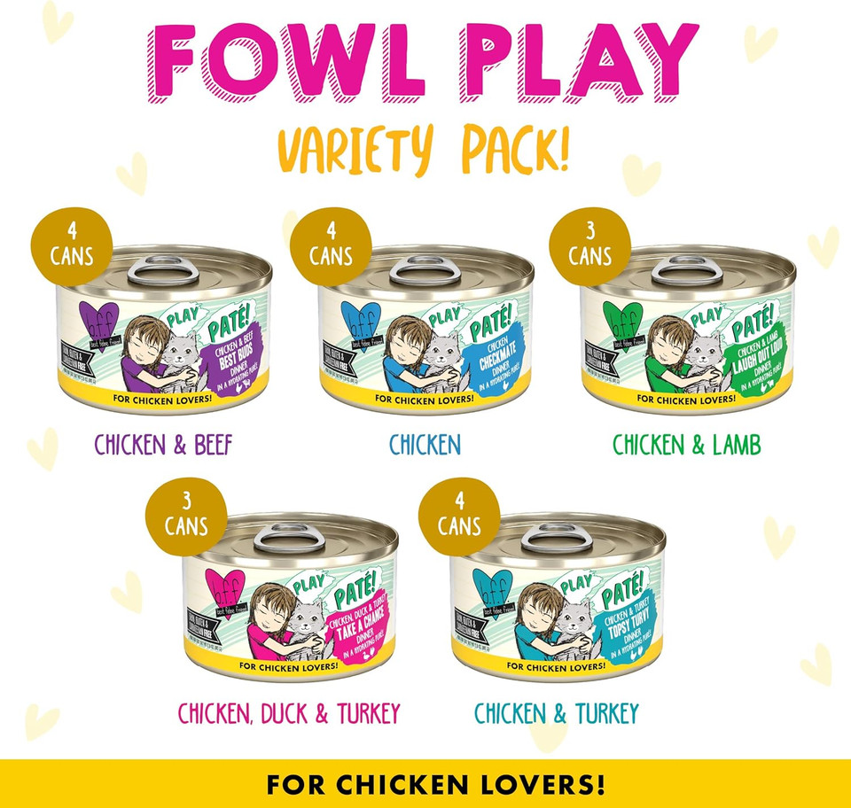 Weruva B.F.F. Play - Best Feline Friend Patã£Â© Lovers, Aw Yeah!, Fowl Play Yellow Patã£Â©S Variety Pack, 2.8Oz Can (Pack Of 18)