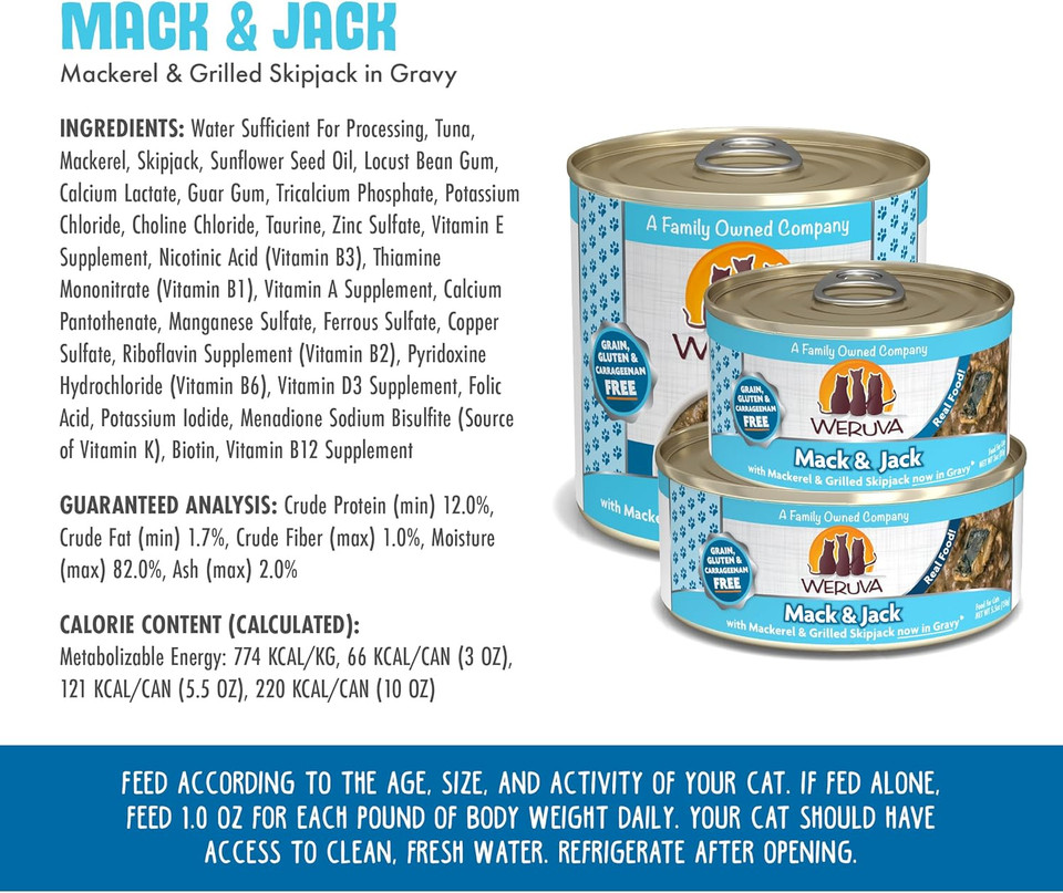 Weruva Classic Cat Food, Mack & Jack With Mackerel & Grilled Skipjack In Gravy, 10Oz Can (Pack Of 12)