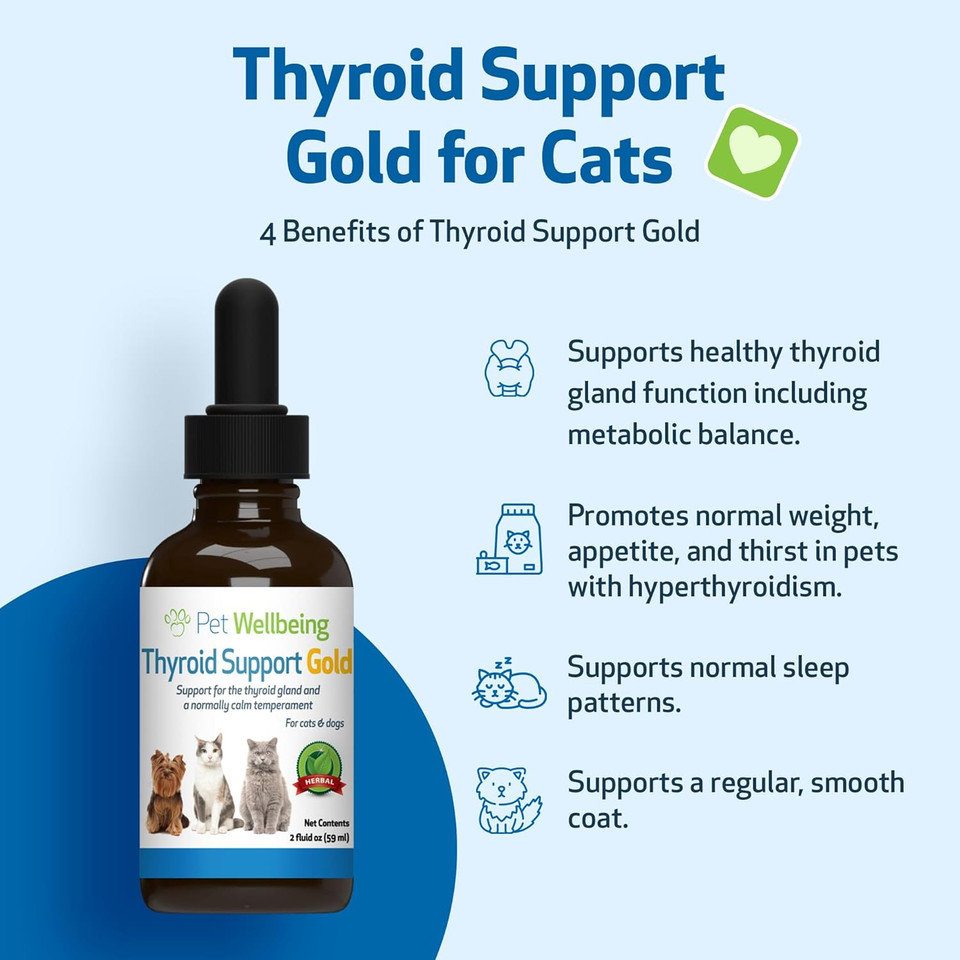Pet Wellbeing Thyroid Support Gold For Cats - Vet-Formulated - Supports Overactive Thyroid In Felines - Natural Herbal Supplement 2 Fl Oz (59 Ml)