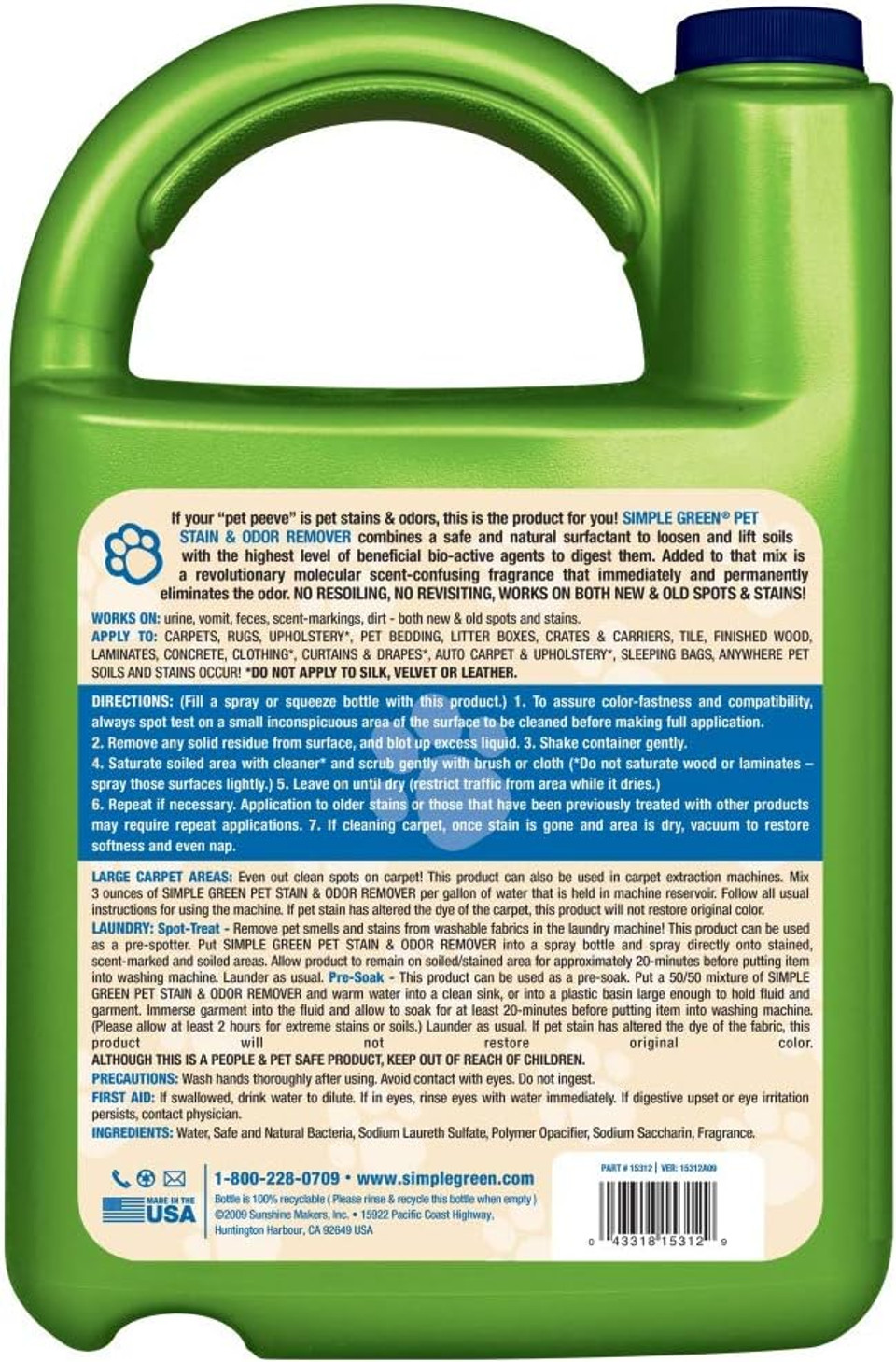 Cat Stain & Odor Remover - Enzyme Cleaner For Cat Urine, Feces, Blood, Vomit (1 Gallon Refill)