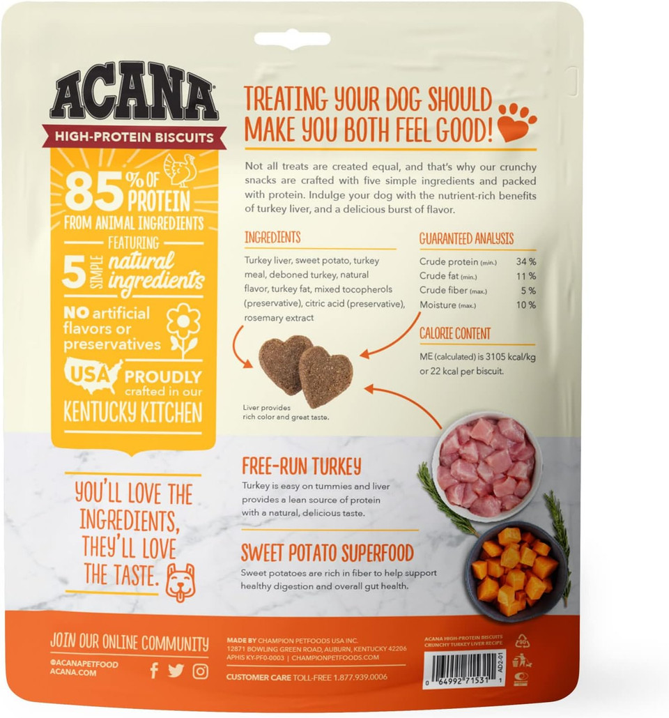 Acana High Protein Biscuits Dog Treats, Crunchy Turkey Liver Recipe, 9Oz