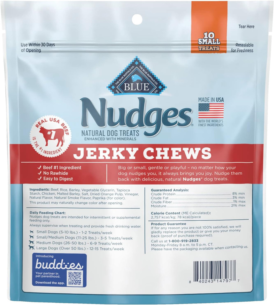 Blue Buffalo Nudges Jerky Chews Natural Dog Treats Small Breed, Beef, 10Oz Bag, 10 Count