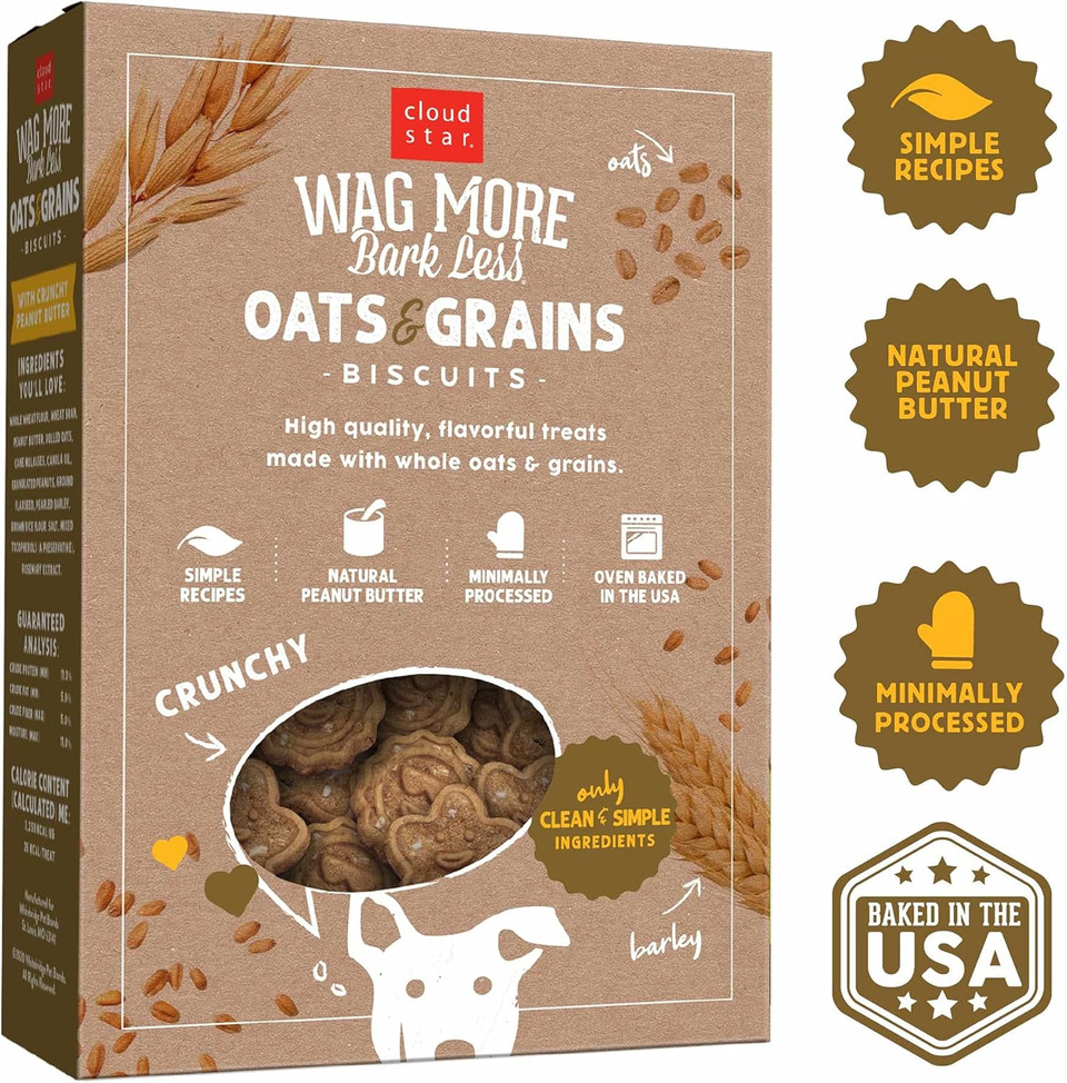 Cloud Star Wag More Bark Less Oats & Grains Crunchy Dog Treats, Peanut Butter, 16 Oz. Box