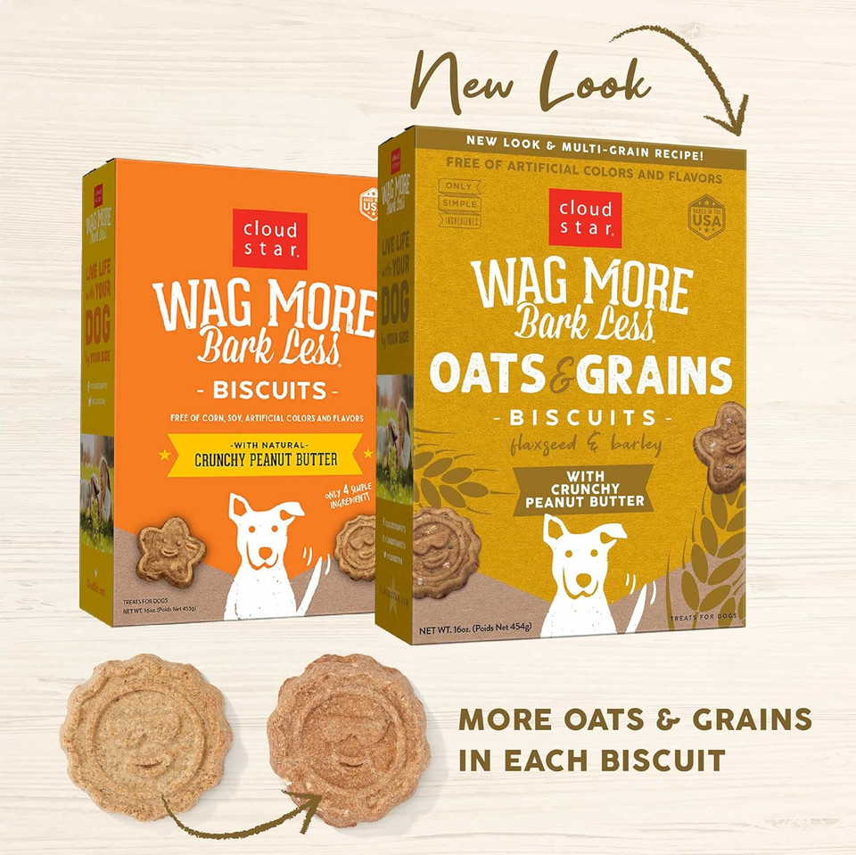 Cloud Star Wag More Bark Less Oats & Grains Crunchy Dog Treats, Peanut Butter, 16 Oz. Box