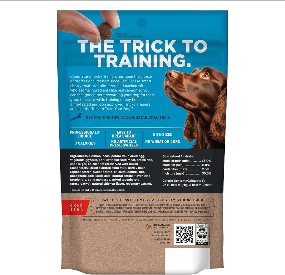 Cloud Star Tricky Trainers Soft & Chewy Dog Training Treats 5 Oz Pouch, Salmon Flavor, Low Calorie Behavior Aid With 130 Treats