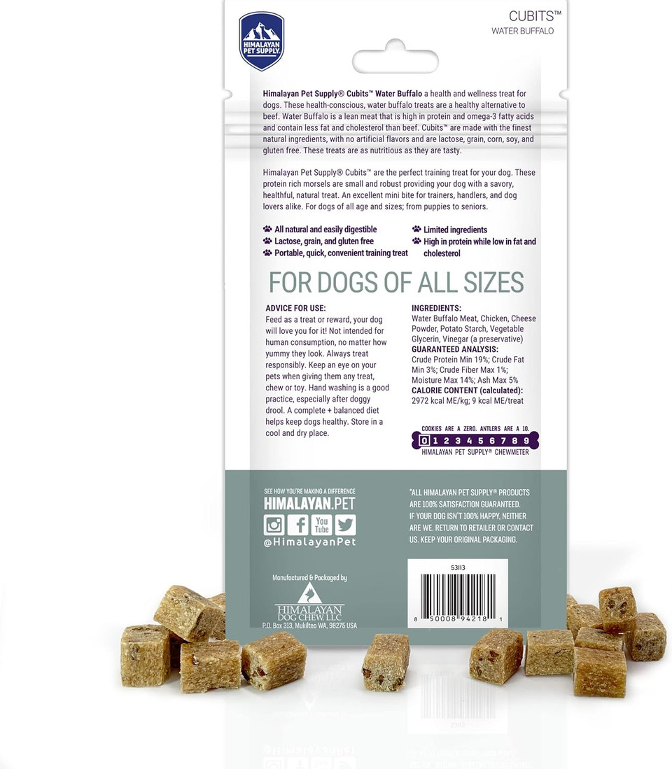 Himalayan Dog Chew Cubits With Water Buffalo, Natural Dog Training Treats, Gluten Free, Lactose & Grain Free, No Crumbs, No Sticky Mess, Small Dog Treat, 3.5 Oz Resealable Pouch
