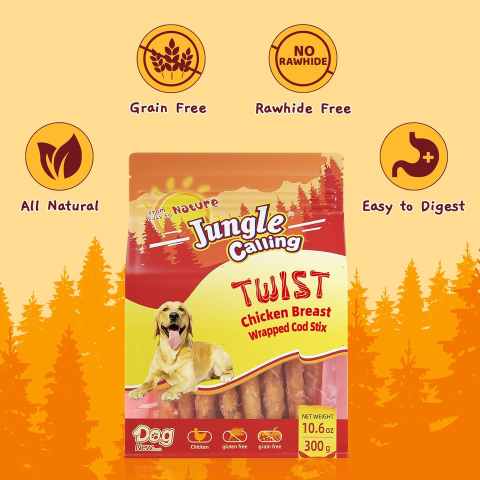 Jungle Calling Rawhide Free Treats For Dogs, Chicken Wrapped Cod Sticks Dog Treats, Soft Chewy Treats For Training Rewards, 10.6 Oz (Chicken)