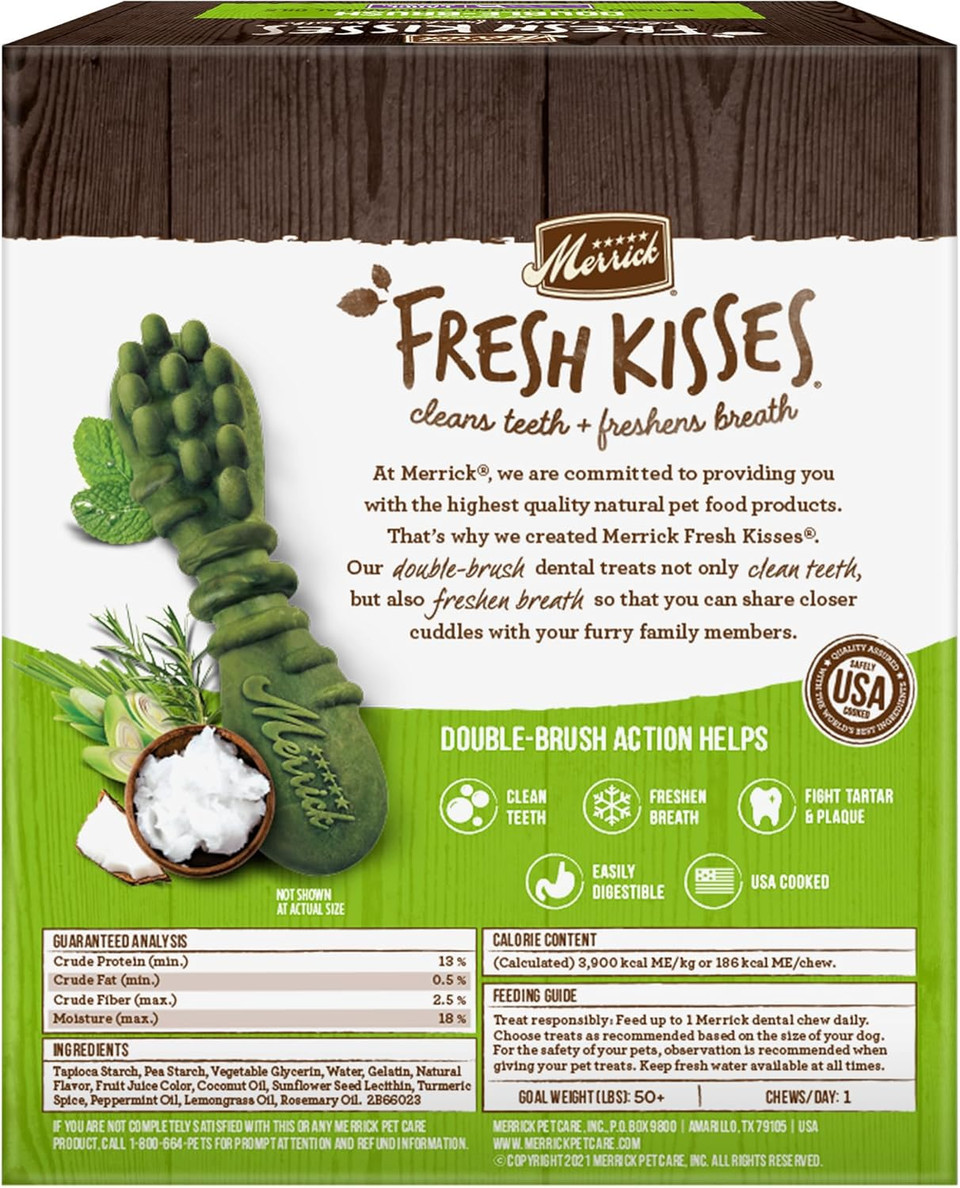 Merrick Fresh Kisses Natural Dental Chews Infused With Coconut And Botanical Oils For Large Dogs Over 50 Lbs - 16 Ct. Box