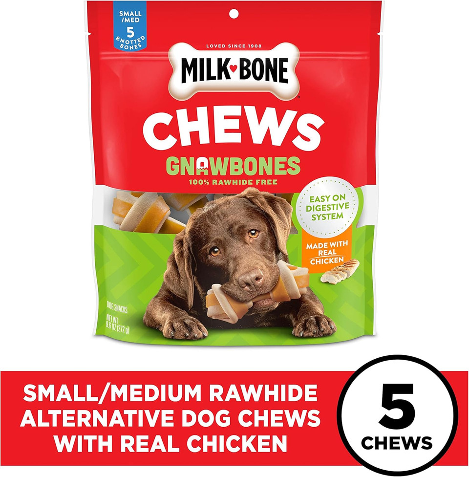 Milk-Bone Chews Gnawbones Rawhide Free Dog Treats, Chicken, 5 Long Lasting Small/Medium Knotted Bones