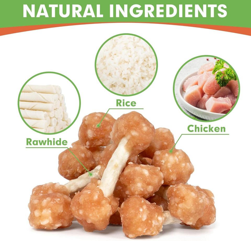 Mon2Sun Dog Treats, 16Oz Mini Rawhide Dog Chews, Chicken Dumbbells With Rice For Small Dogs & Toy Breed, Crunchy And Healthy (2.5 Inch 30 Count)