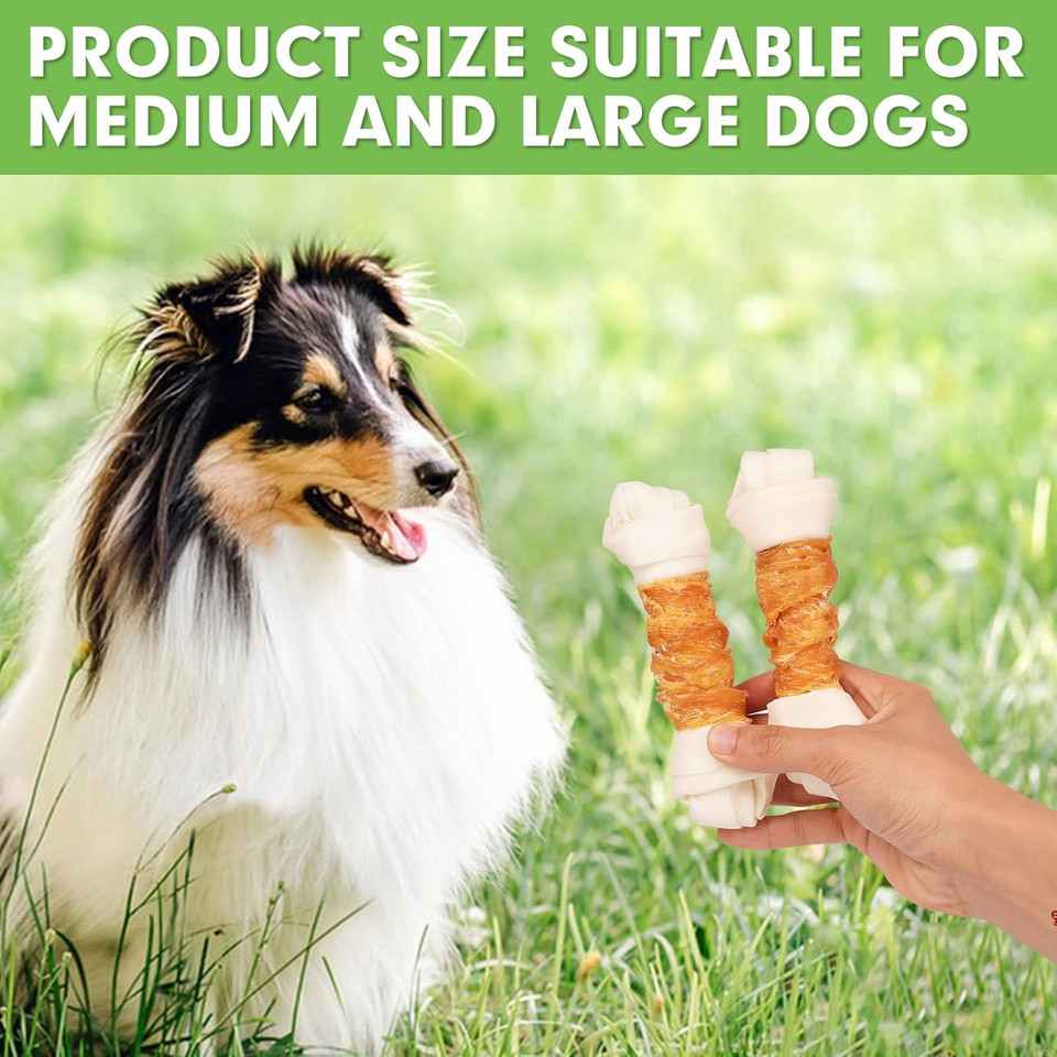 Mon2Sun Dog Treats 6.5" Rawhide Bones Chicken Wrapped Knotted Bones Dog Chews, Long Lasting Beefhide Treats For Medium And Large Dogs, Dental Health And Teeth Cleaning