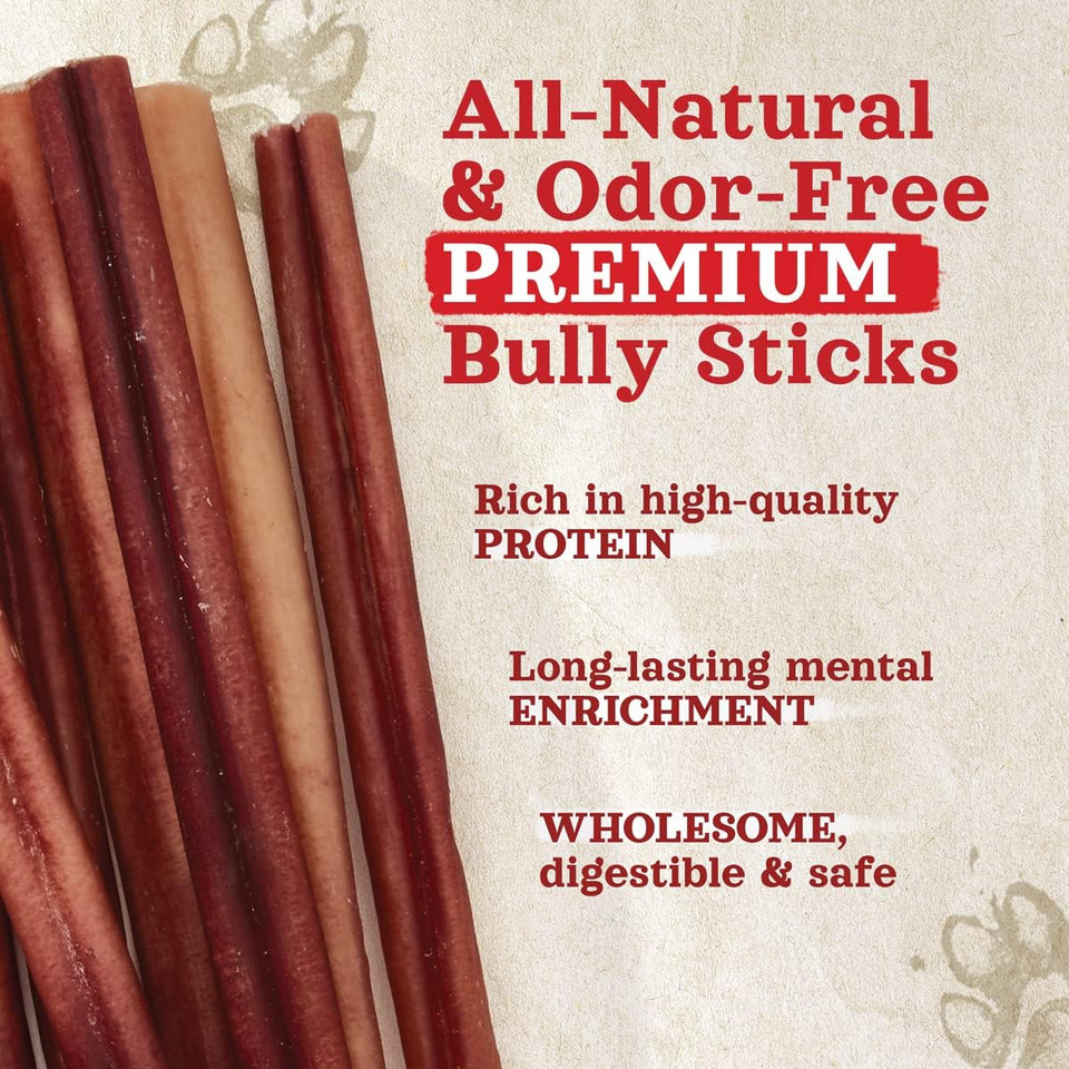 Natural Farm Odor-Free Bully Sticks (4-8, 16Oz) All-Natural Long-Lasting Chews, 100% Beef Pizzle, Grass-Fed, Grain-Free, Hormone-Free, Protein For Muscle Development & Energy, Perfect For Medium Dogs