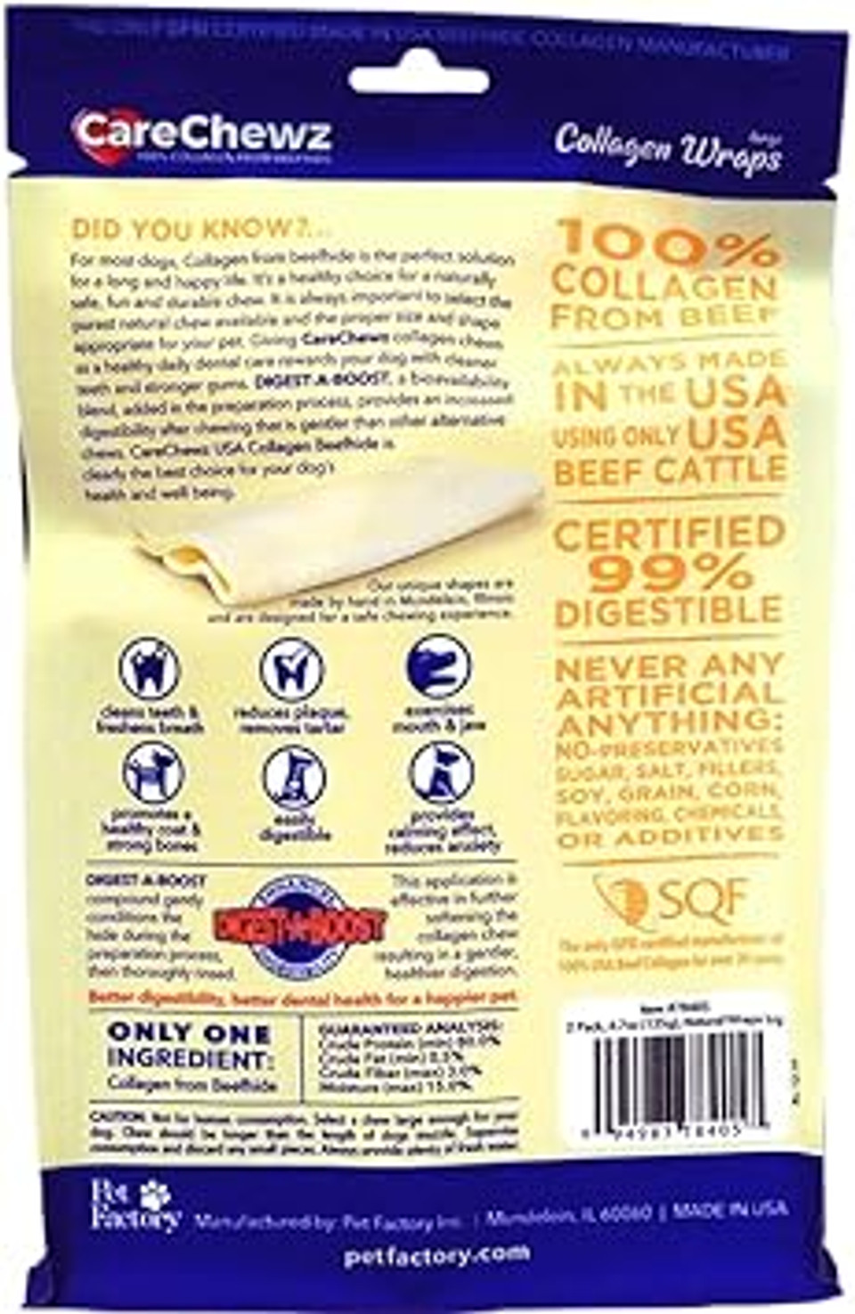 Pet Factory Carechewz Collagen 6-7" Large Wraps Dog Chew Treats - Natural Flavor, 2 Count/1 Pack