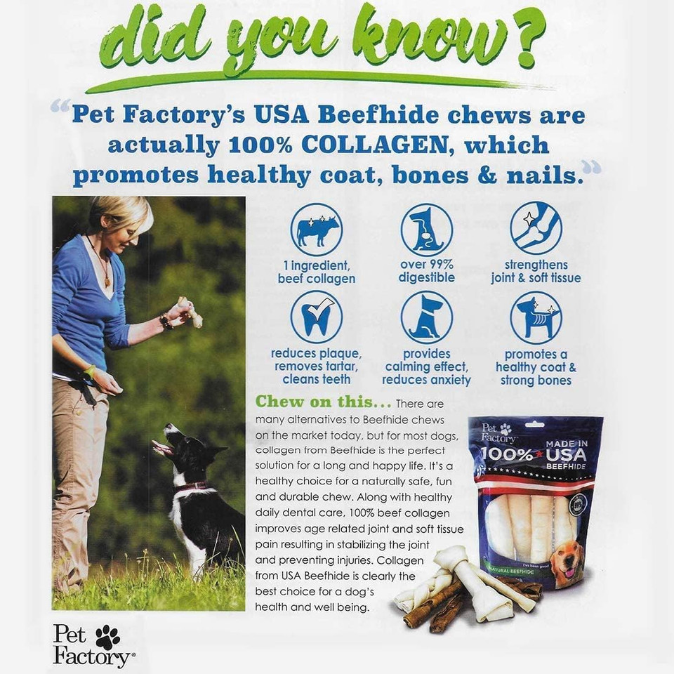 Pet Factory 100% Made In Usa Beefhide 4-5" Knotted Bones Dog Chew Treats - Natural Flavor, 8 Count/1 Pack