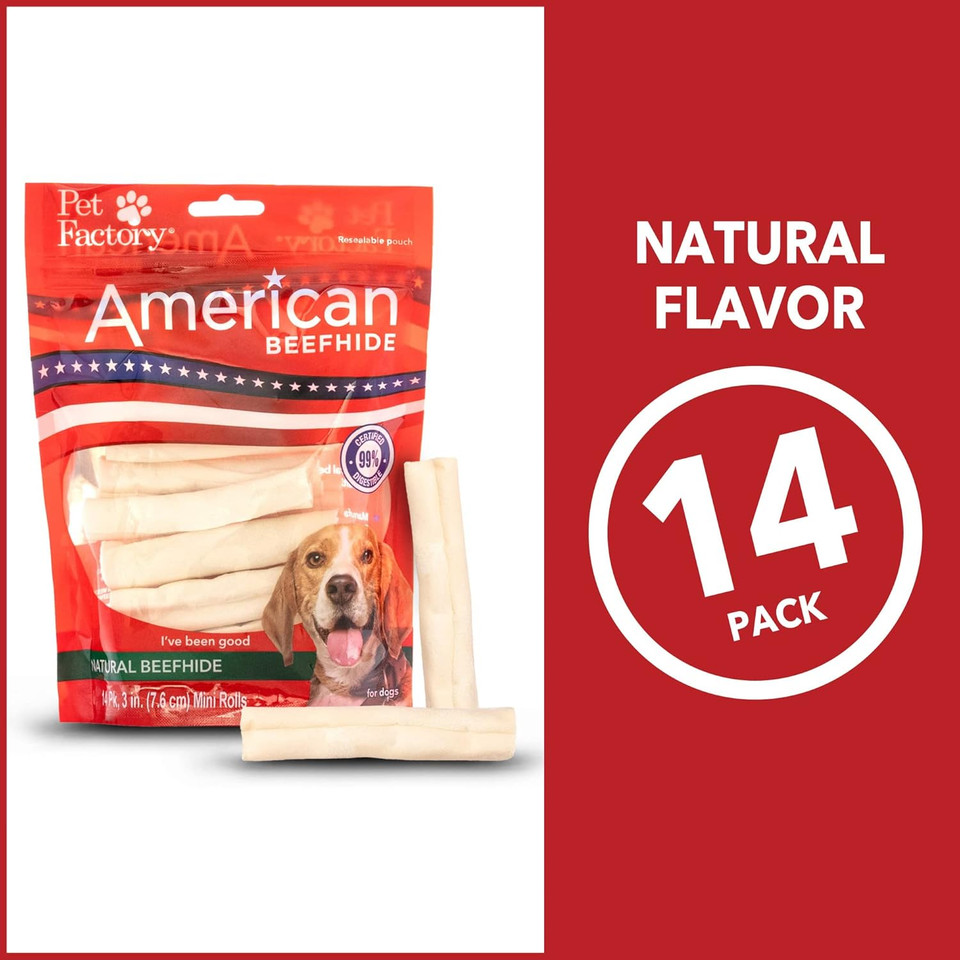 Pet Factory American Beefhide 3-3.5" Mini Rolls Dog Chew Treats - Natural Flavor, 14 Count/1 Pack