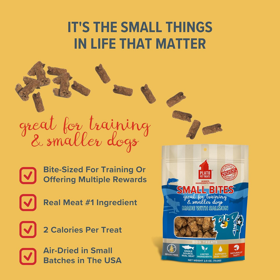 Plato Small Bites Dog Treats, Natural Bite Sized Real Meat & Salmon Flavor, Grain Free & High In Protein, Air Dried Authentic Ingredients, 2 Calories Per Treat, Made In The Usa, 6 Ounces