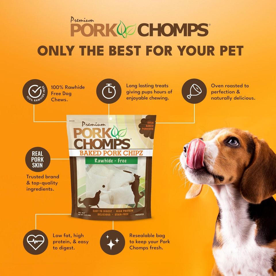 Pork Chomps Baked Pork Skin Dog Chews, 3-Inch Chips, 12Oz Bag