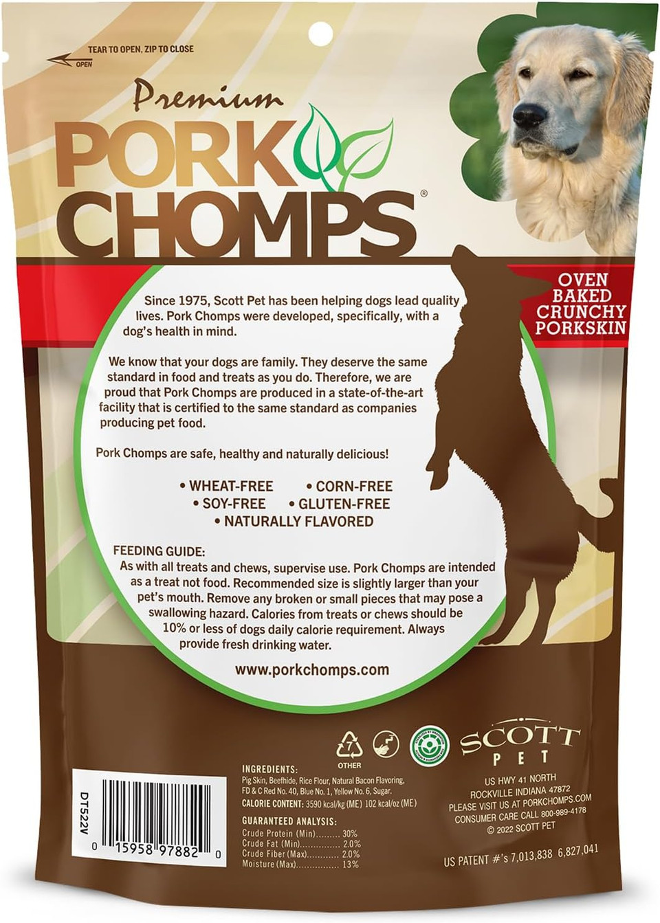 Pork Chomps Dog Chews, 4-Inch Crunchy Bones, Bacon Flavor, 2 Count