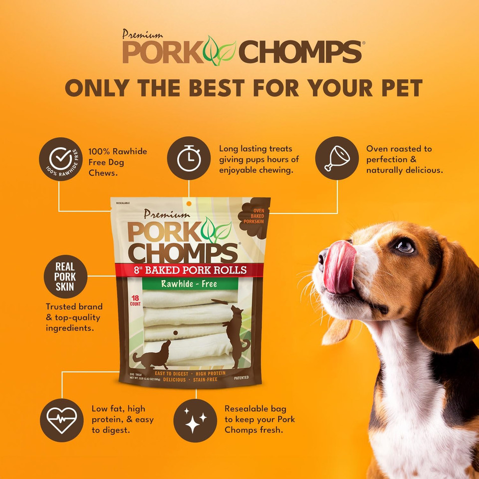 Pork Chomps Baked Pork Skin Dog Chews, 8-Inch Rolls, 18 Count (Pack Of 1)