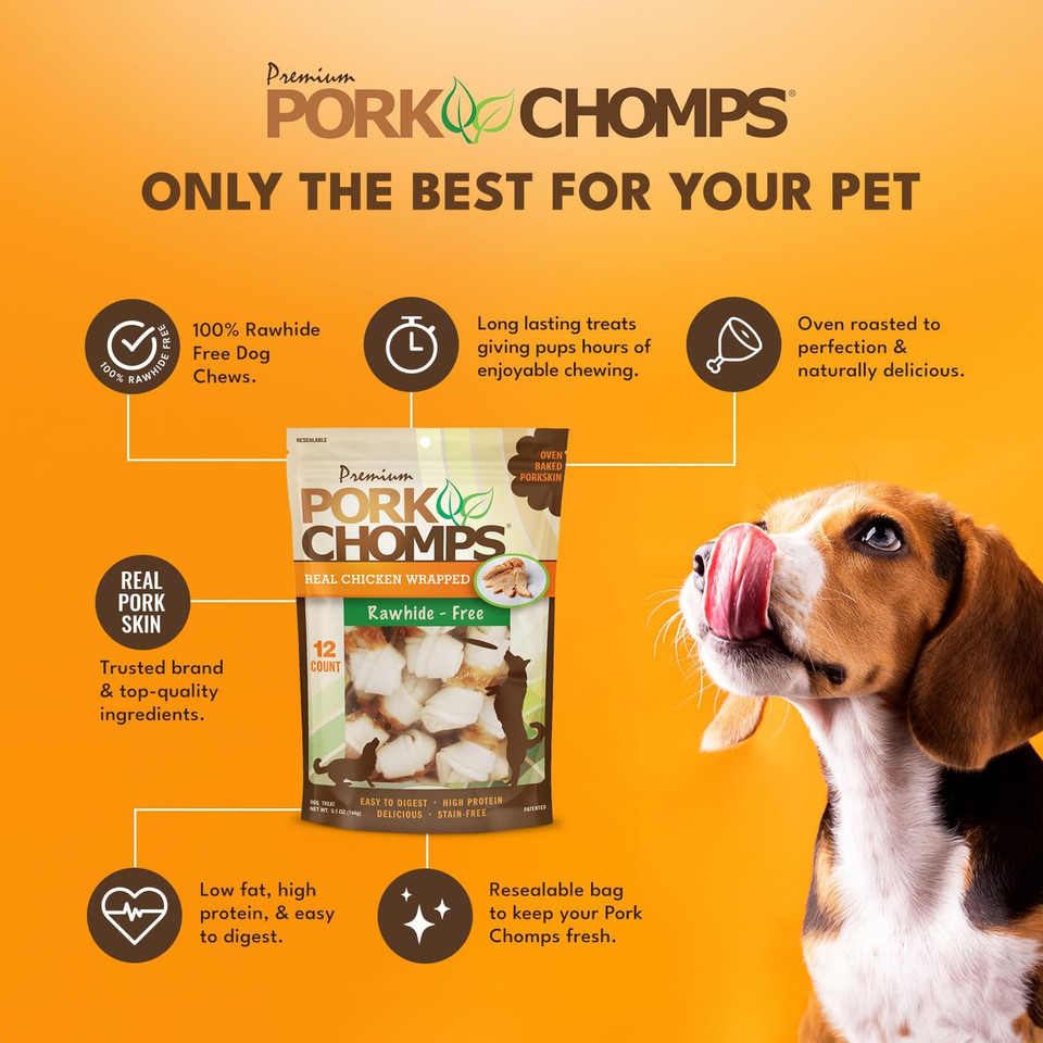 Pork Chomps Baked Pork Skin Dog Chews, 2.5-Inch Mini Knots, Real Chicken Wrap, 12 Count