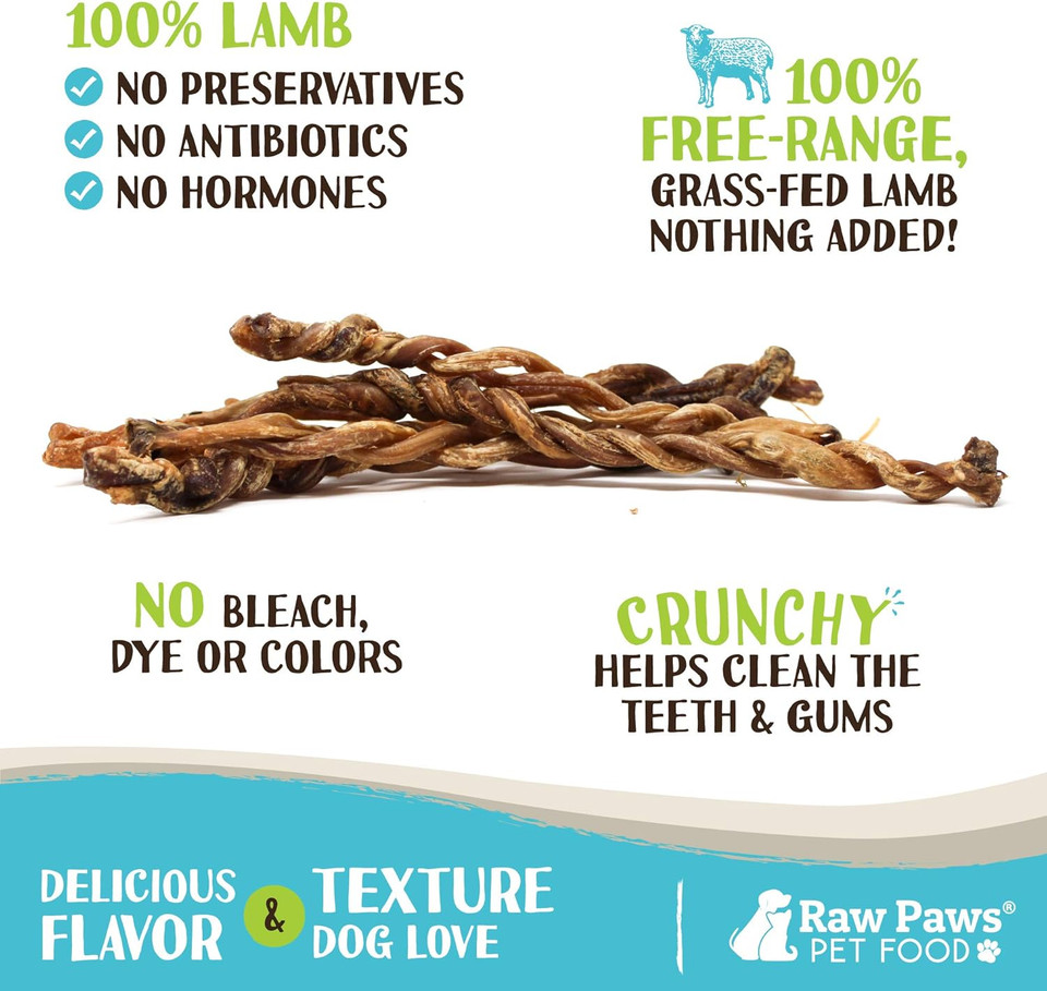 Raw Paws Lamb Pizzle Twists For Dogs - 5-9 Inch, 10-Ct - Usa Packed Natural Lamb Pizzle Sticks - Free-Range, Digestible Lamb Bully Sticks - Grain-Free Lamb Twist Dog Chew Sticks - Lamb Dog Treats