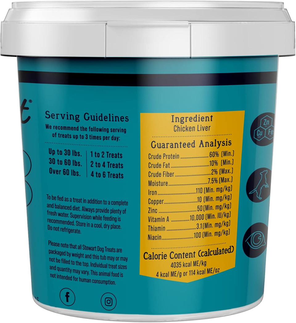 Stewart Freeze Dried Dog Treats, Beef Liver, Salmon, Chicken Liver & Chicken Breast, 4 Oz, 12 Oz, 14 Oz, 21 Oz, Resealable Tub, Grain Free & Gluten Free, Single Ingredient, Dog Training Treats