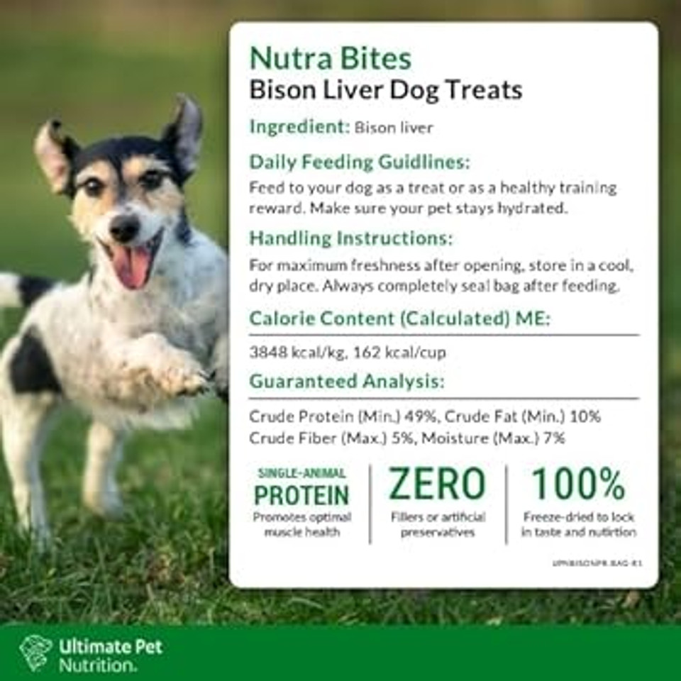 Ultimate Pet Nutrition Nutra Bites Freeze Dried Raw Single Ingredient Training Treats Food Topper For Dogs, 4 Ounces, Bison Liver