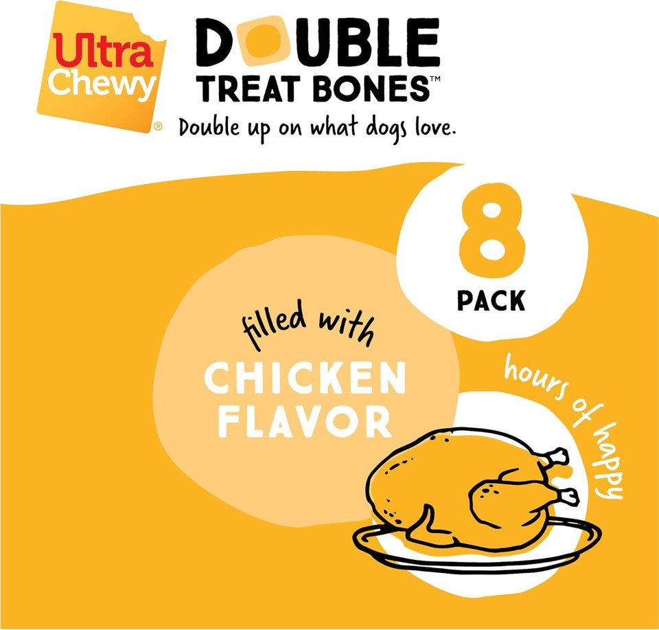 Ultra Chewy Double Treat Bones: Long-Lasting Dog Treats Made In Usa For Large And Small Breeds, Highly Digestible, Ideal For Aggressive Chewers (Chicken, 2 Value Packs)