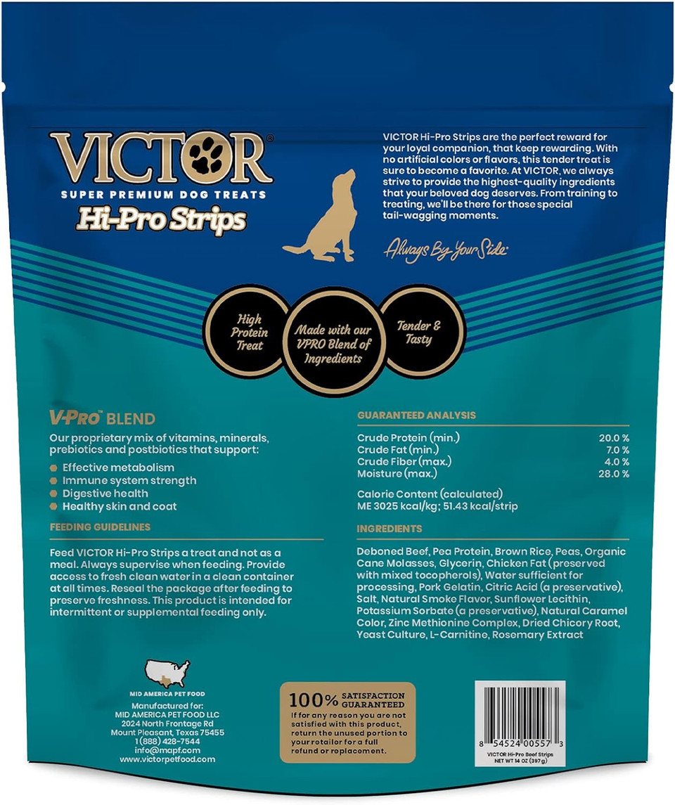 Victor Super Premium Dog Treats  Classic Hi-Pro Strips Dog Treats  Savory Dog Treats With Real Beef  Tender Beef Dog Treats For Active And Sporting Dogs, 14 Oz