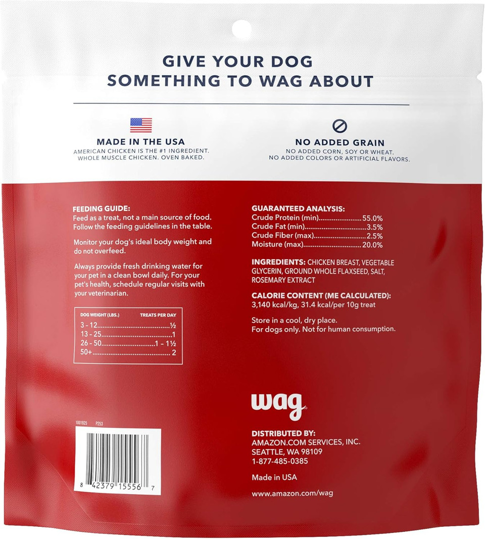 Amazon Brand  Wag Chewy Whole Muscle American Jerky Dog Treats  Chicken & Flaxseed (1 Lb), Grain Free