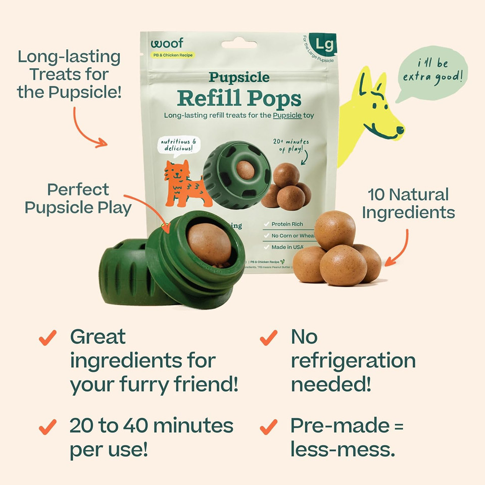 Woof Pupsicle Refill Pops, Delicious Long Lasting Dog Treats, Refills For The Pupsicle, Pre-Made Dog Treats For Dogs, Natural Ingredients, Low-Mess Chicken Pet Treats - Large Pops - 7 Count