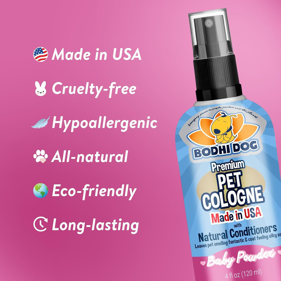 Bodhi Dog Natural Dog Cologne | Premium Scented Deodorizing Body Spray For Dogs & Cats | Dog Perfume W/Natural Dog Conditioner (Baby Powder, 4 Fl Oz)