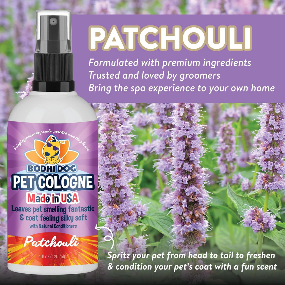 Bodhi Dog Natural Dog Cologne | Premium Scented Deodorizing Body Spray For Dogs & Cats | Neutralizes Strong Odors | Dog Perfume With Natural Dog Conditioner | Made In Usa (Patchouli, 4 Fl Oz)