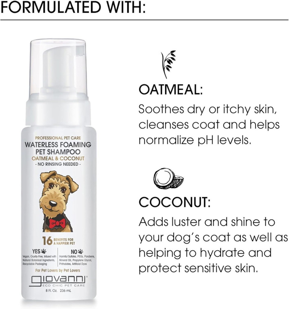 Giovanni Professional Foaming Waterless Pet Shampoo - Oatmeal & Coconut Helps Neutralize Odors, Cleanses, Silkens, Controls Static, Freshens Fur - 8 Oz