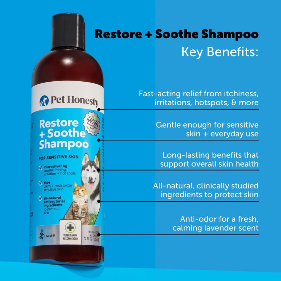 Pet Honesty Restore + Soothe Shampoo For Sensitive Skin For Dogs & Cats - Dog Skin And Coat Supplement - Soothes Itching, Irritation And Hot Spots (Lavender) - 12Oz