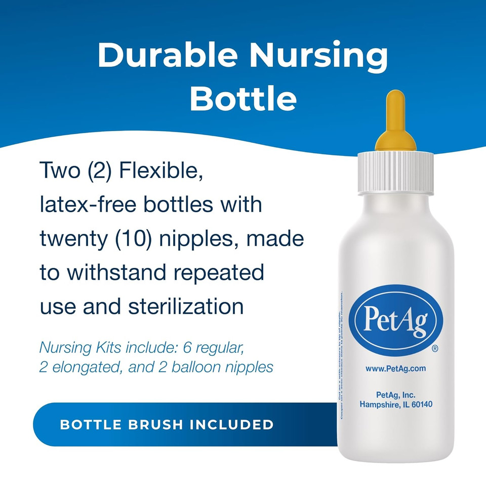 Pet-Ag Nursing Kit - 2 Oz, Pack Of 2 - Promotes The Natural Feeding Of Liquids To Baby Animals - Each Kit Includes 2 Oz. Bottle With Cap, 5 Nipples & Cleaning Brush