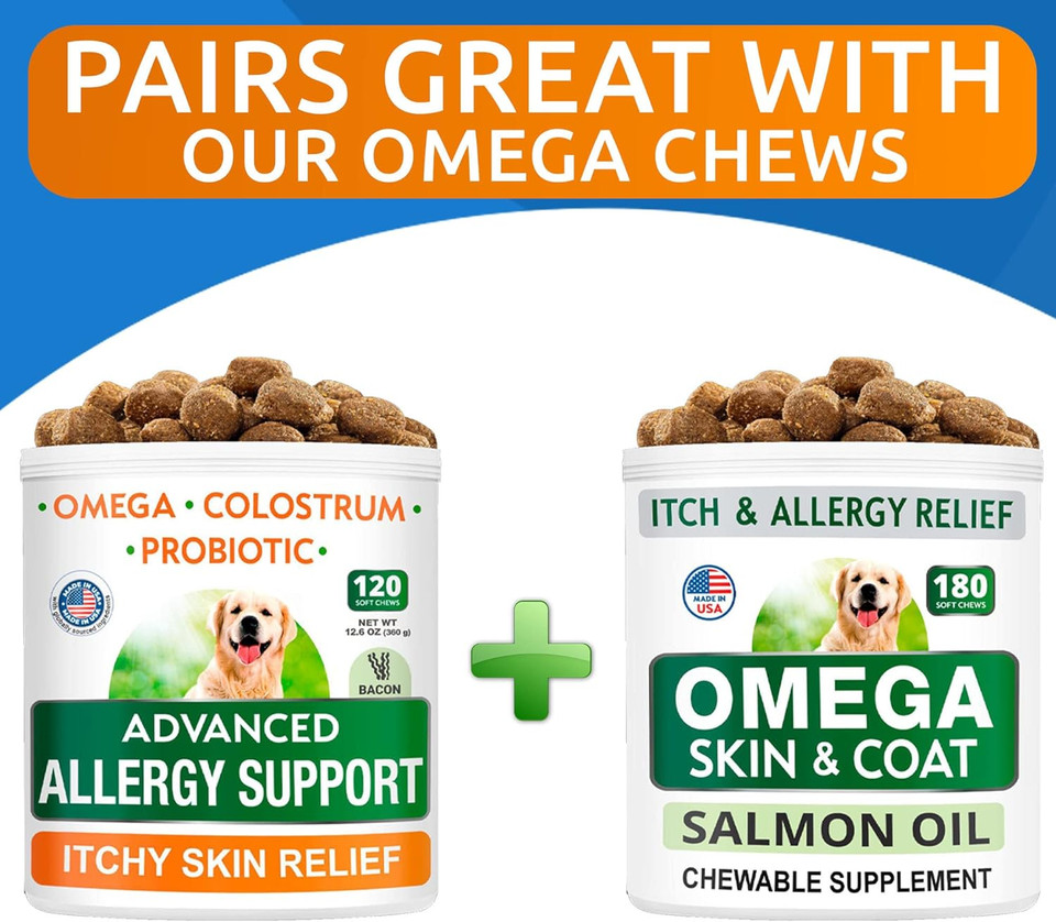 Advanced Dog Allergy + Salmon Oil Bundle - Itch Relief + Skin & Coat Support - Probiotics W/Fish Oil Omega 3 + Epa&Dha Fatty Acid - Skin Allergies + Skin&Coat Support - 120 Chews + 32Oz - Made In Usa