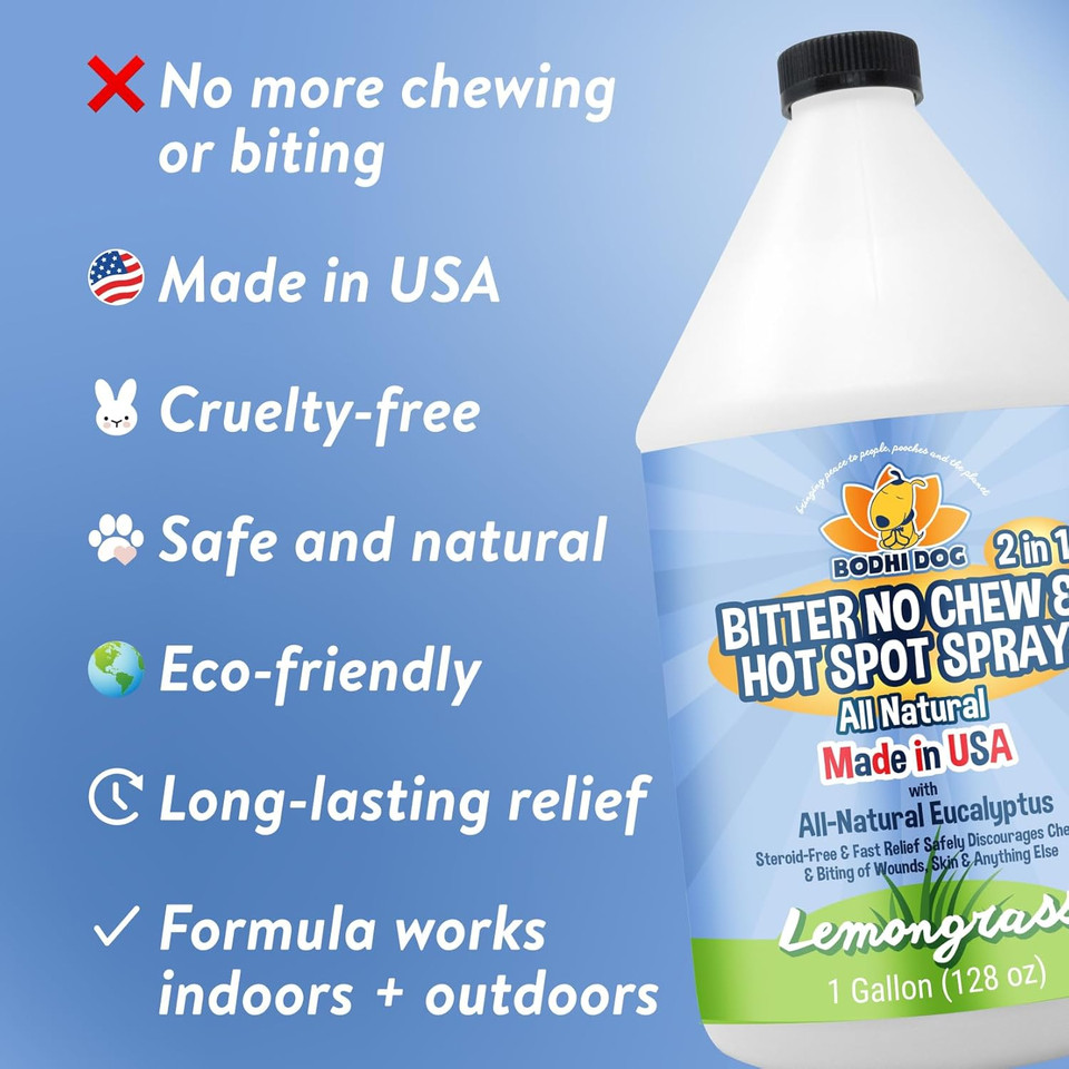 Bodhi Dog New Bitter 2 In 1 No Chew & Hot Spot Spray | Natural Anti-Chew Remedy Better Than Bitter Apple | Safe On Skin, Wounds And Most Surfaces | Made In Usa (128 Fl Oz)