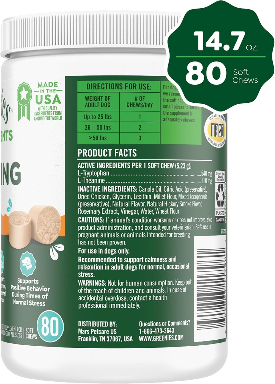 Greenies Supplements Calming Chews For Dogs Chicken Flavor, 80 Count Soft Chews Dog Calming Supplements, 14.7 Oz