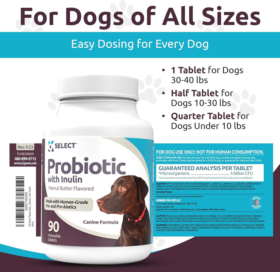 K9 Select Probiotic For Dogs, With Inulin - 90 Chewable Tablets - Supports Healthy Digestion And Nutrient Absorption - Dog Probiotics And Digestive Enzymes - Probiotics For Dogs Digestive Health