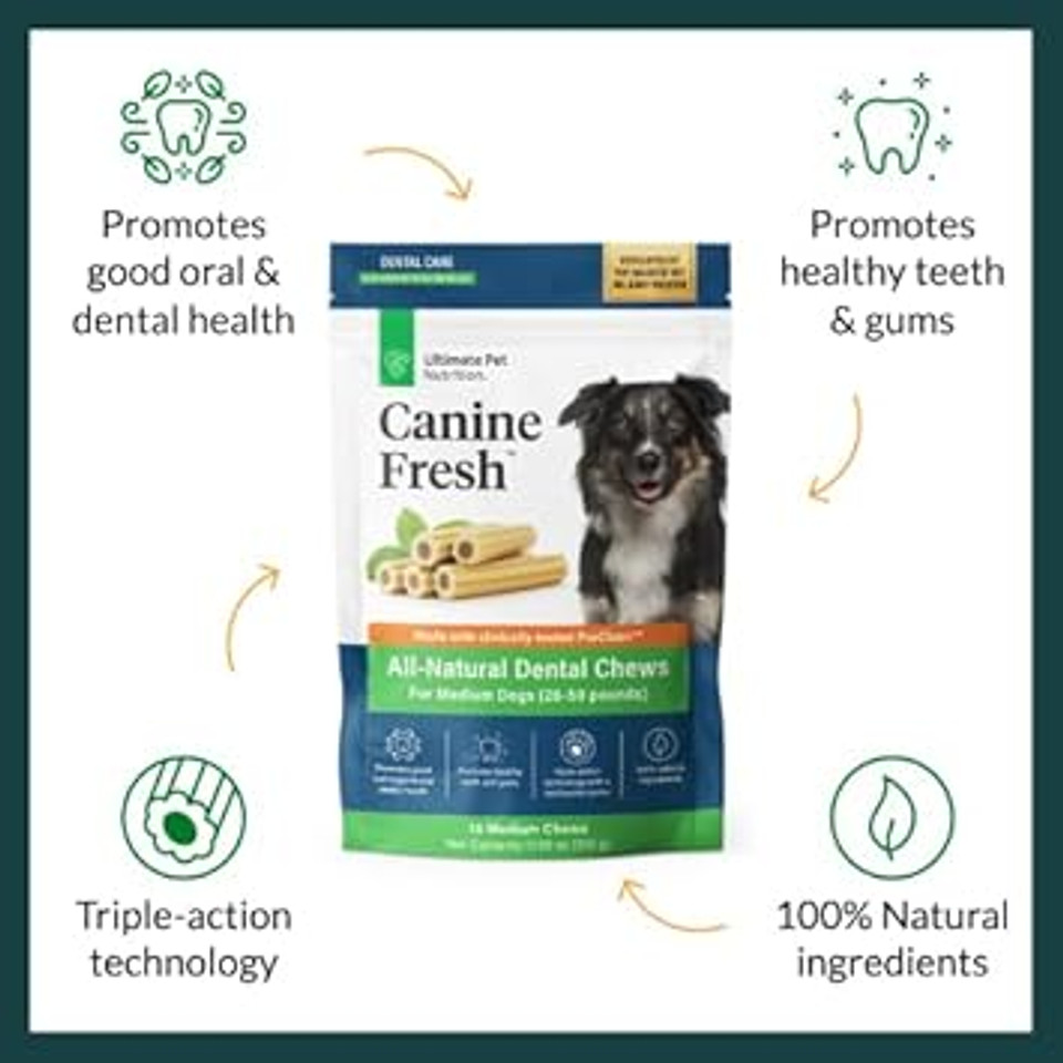 Ultimate Pet Nutrition Canine Fresh Dental Chews, Dental Dog Treats, Oral Care And Hygiene Chews, Soothes Gums, Vet Developed, 15 Chews (Medium)
