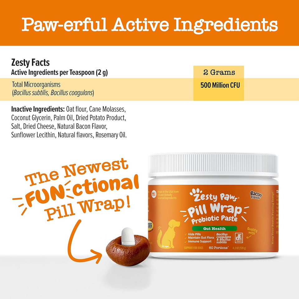 Zesty Paws Pill Wrap Probiotic Paste For Dogs - Immune & Digestive System Support - Bacon Flavor - With De111 Bacillus Subtilis - Pockets Any Pill, Tablet & Capsule For Your Dog - 60 Portionsã¢Â