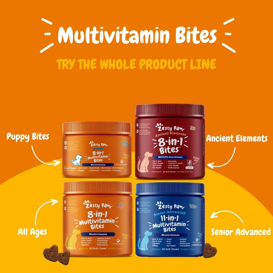 Zesty Paws Multivitamin Treats For Dogs - Glucosamine Chondroitin For Joint Support + Digestive Enzymes & Probiotics - Grain Free Dog Vitamin For Skin & Coat + Immune Health - 50 Count