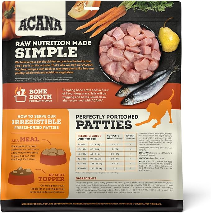 Acana Freeze Dried Dog Food Patties Meal & Topper, Grain Free High Protein Free-Run Turkey Recipe, 14Oz