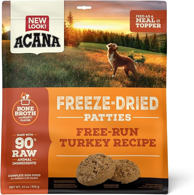 Acana Freeze Dried Dog Food Patties Meal & Topper, Grain Free High Protein Free-Run Turkey Recipe, 14Oz
