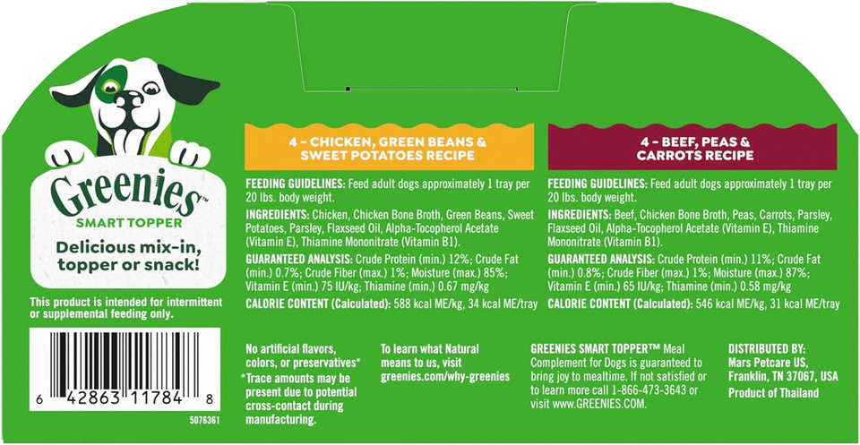 Greenies Smart Topper High Protein Wet Mix-In For Dogs, Chicken, Green Beans, And Sweet Potatoes Recipe & Beef, Peas, And Carrots Recipe Variety Pack, 2Oz. 8 Trays