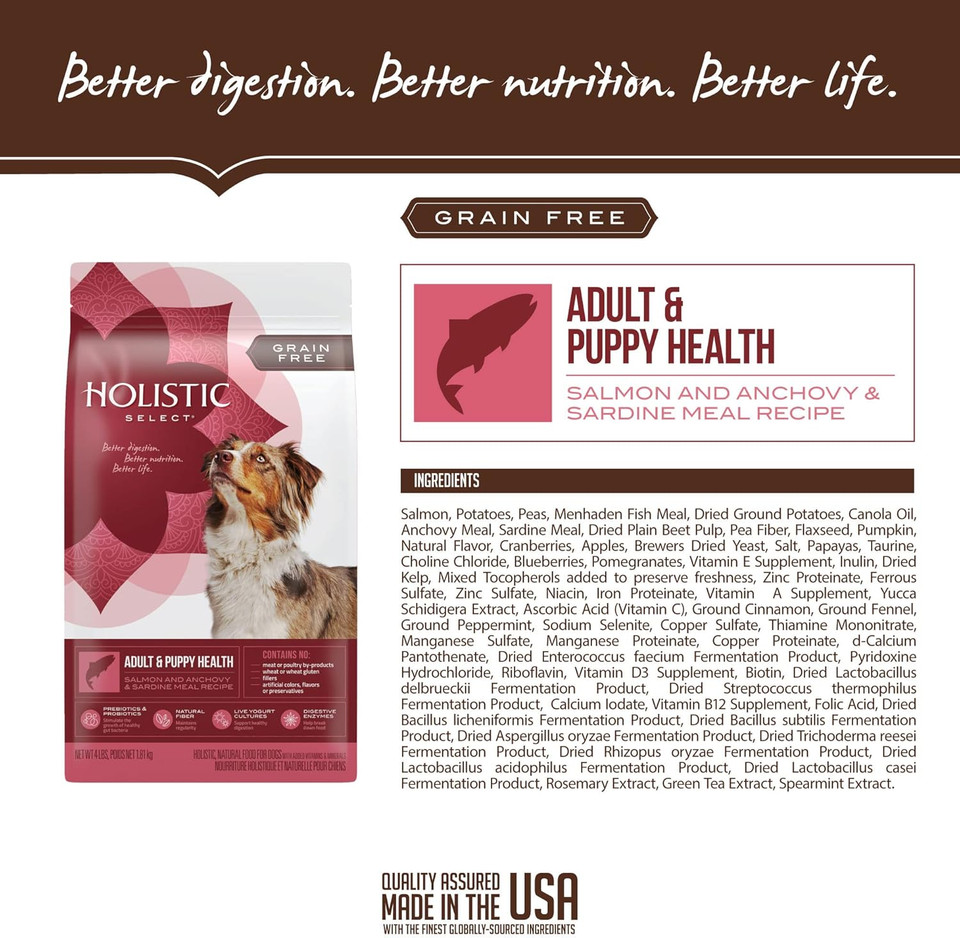 Holistic Select Natural Grain Free Dry Dog Food, Adult & Puppy Salmon, Anchovy & Sardine Recipe, 24-Pound Bag
