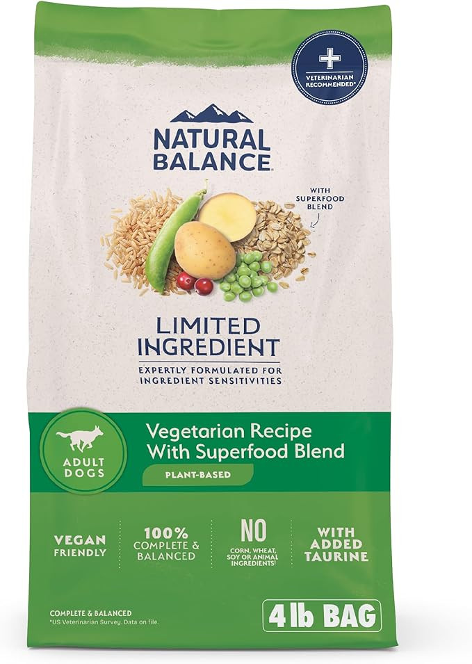Natural Balance Limited Ingredient Adult Dry Dog Food With Vegan Plant Based Protein And Healthy Grains, Vegetarian Recipe, 4 Pound (Pack Of 1)